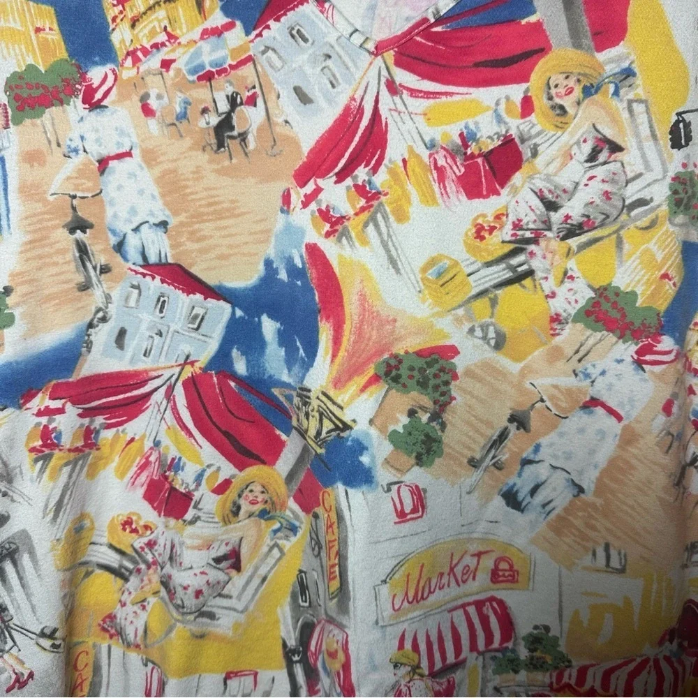 Liz Claiborne Colorful Market Novelty Print Top V Neck Festive